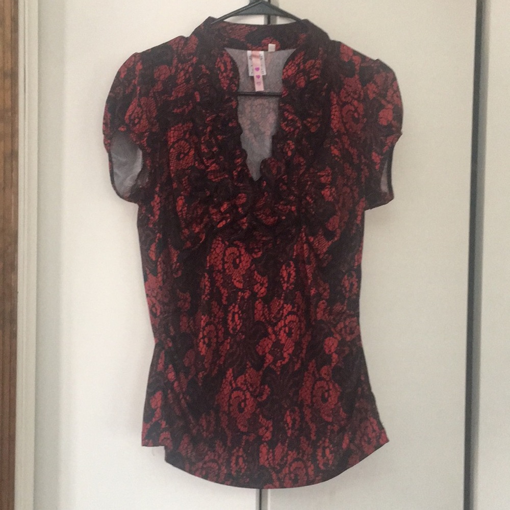 Red and black ruffle front blouse!